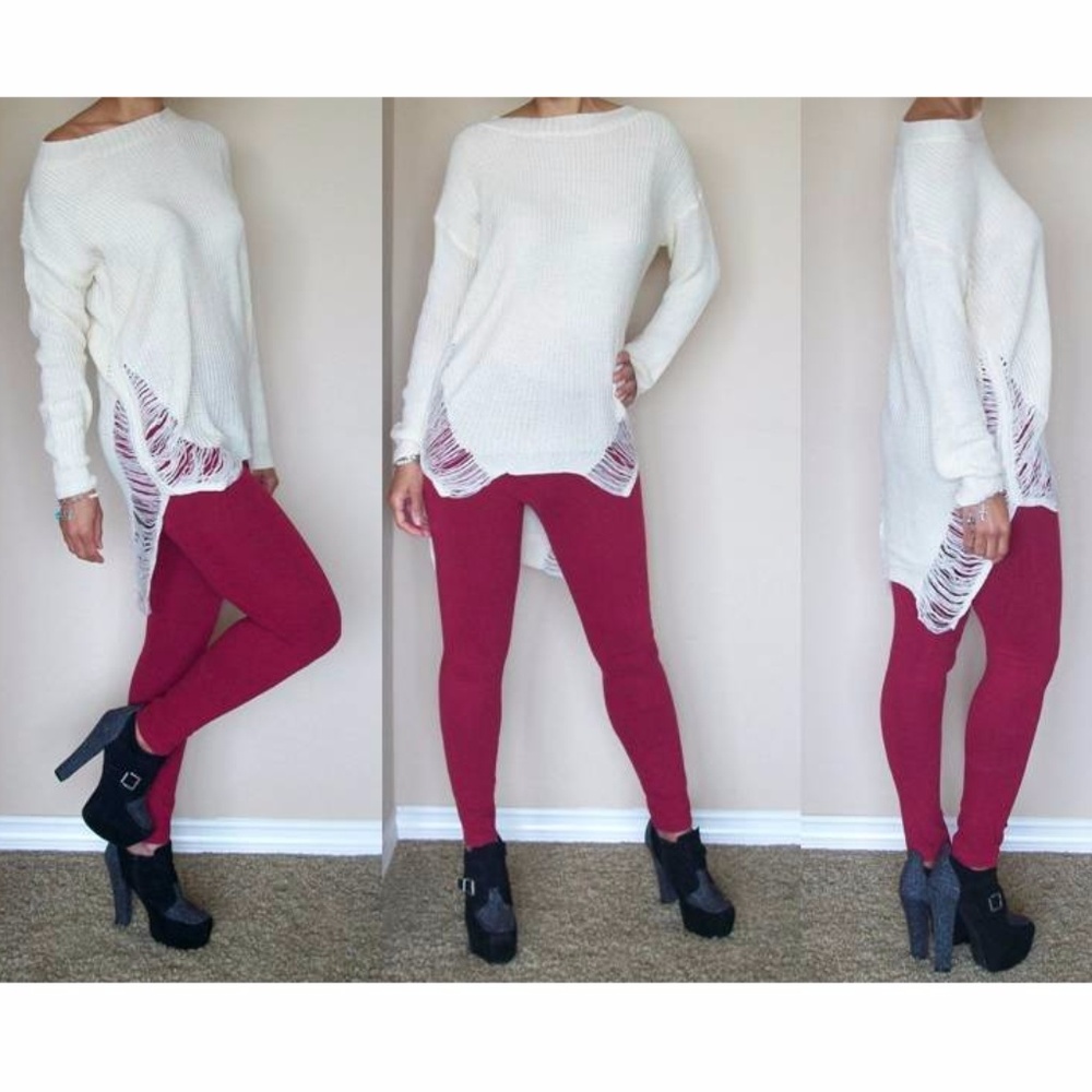 Ripped Distressed Torn Shredded Cream Knit Sweater