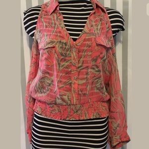 G by guess sheer cold shoulder floral shirt nwot