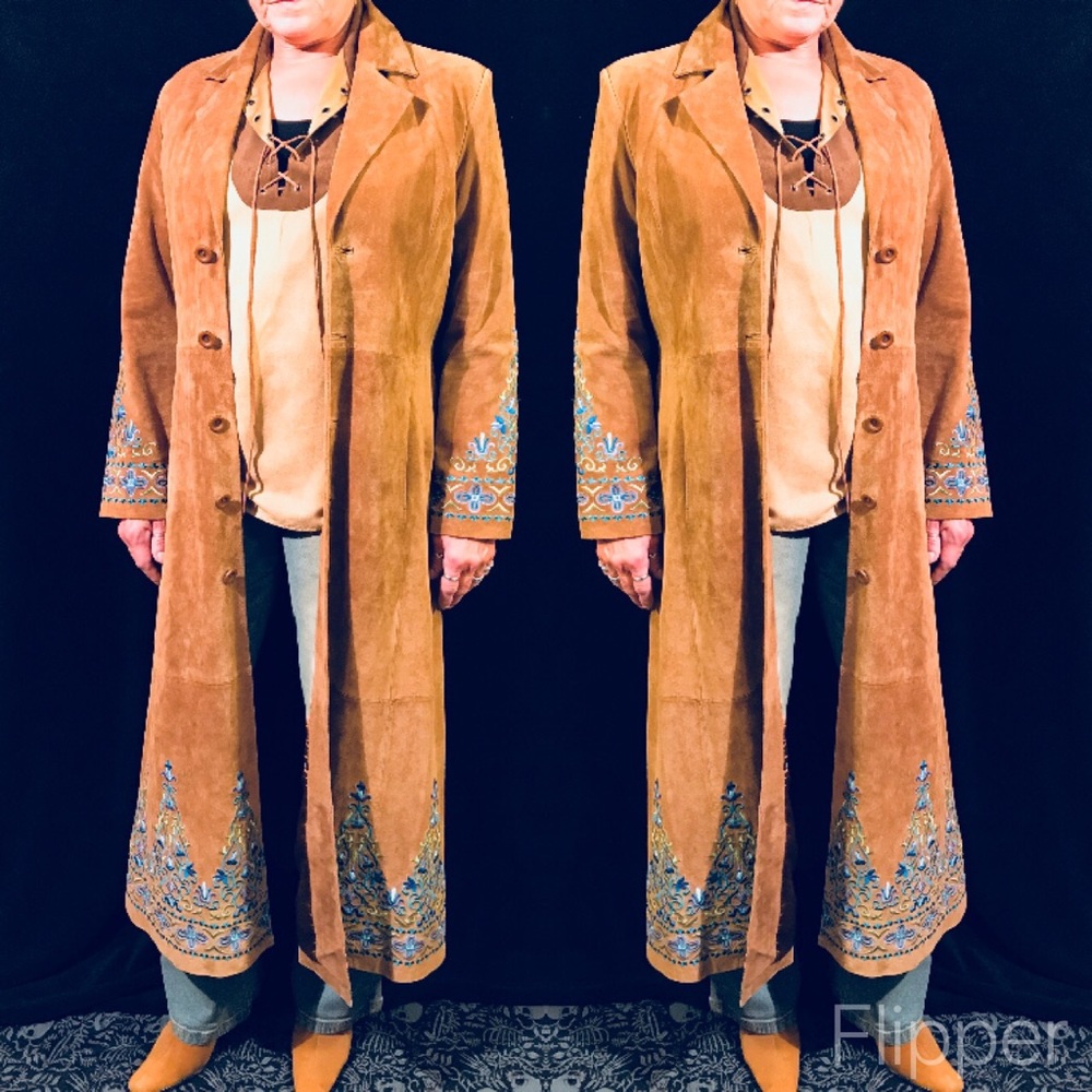 Brown Suede Leather 🌸 Flower Trench Coat