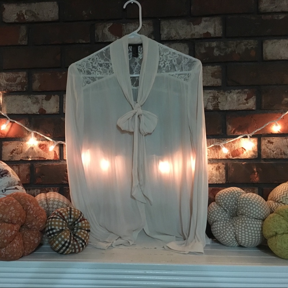 Cream tie-neck lace button up blouse