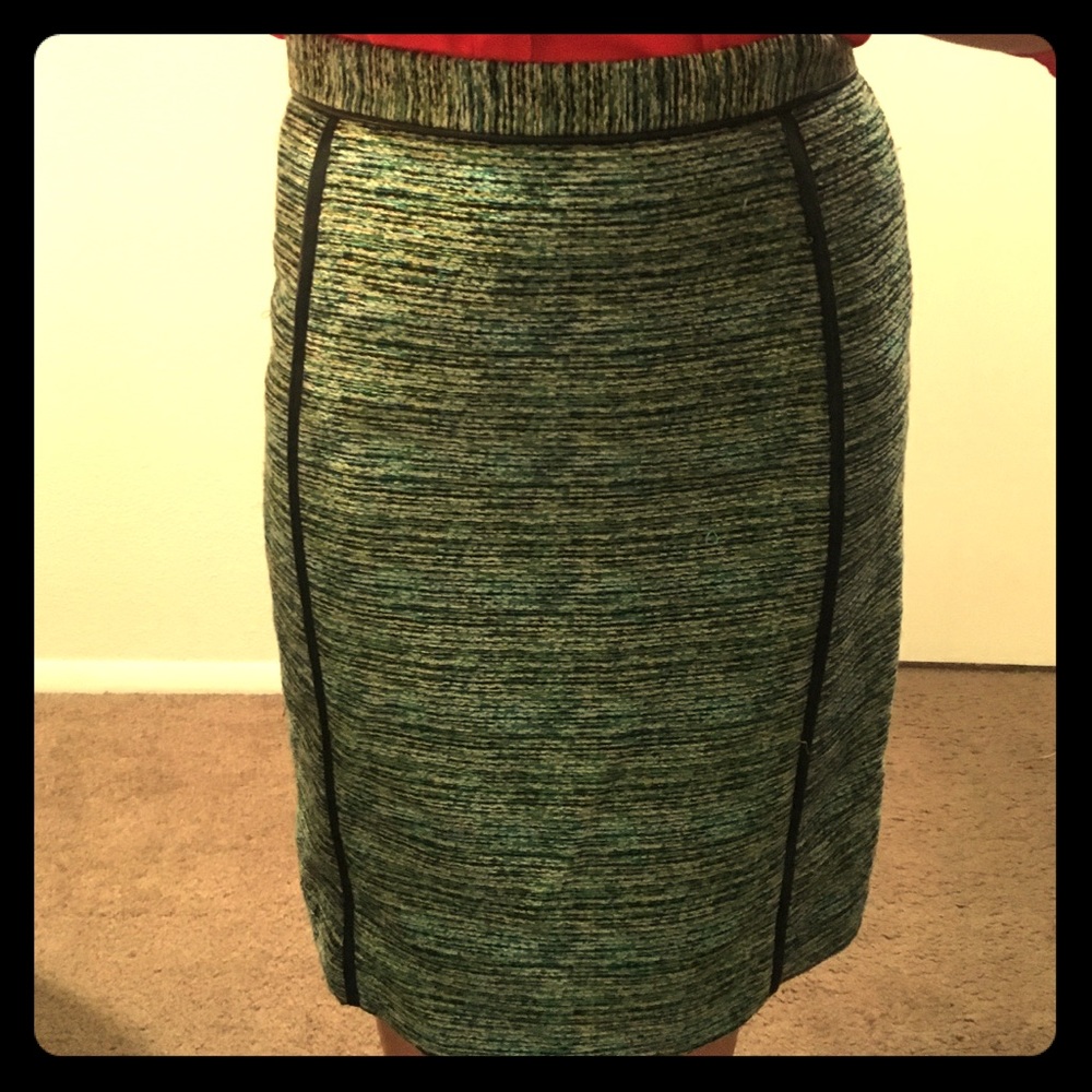 Green, black, and gold brocadesque pencil skirt.