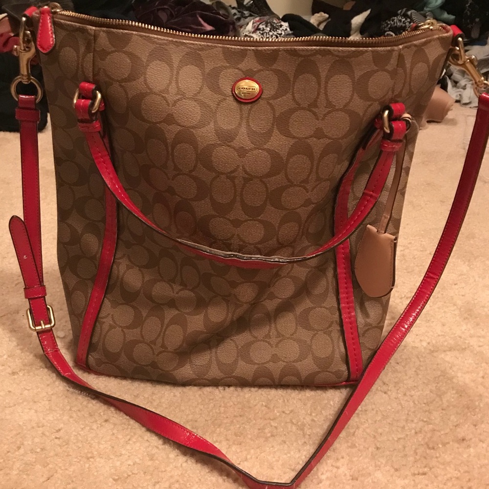 Large coach tote red and tan