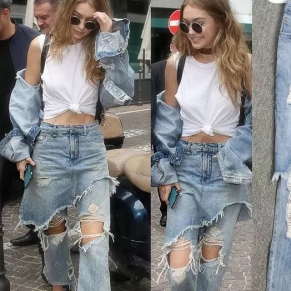 Gigi Hadid Asymmetrical Boot Cut jeans with skirt