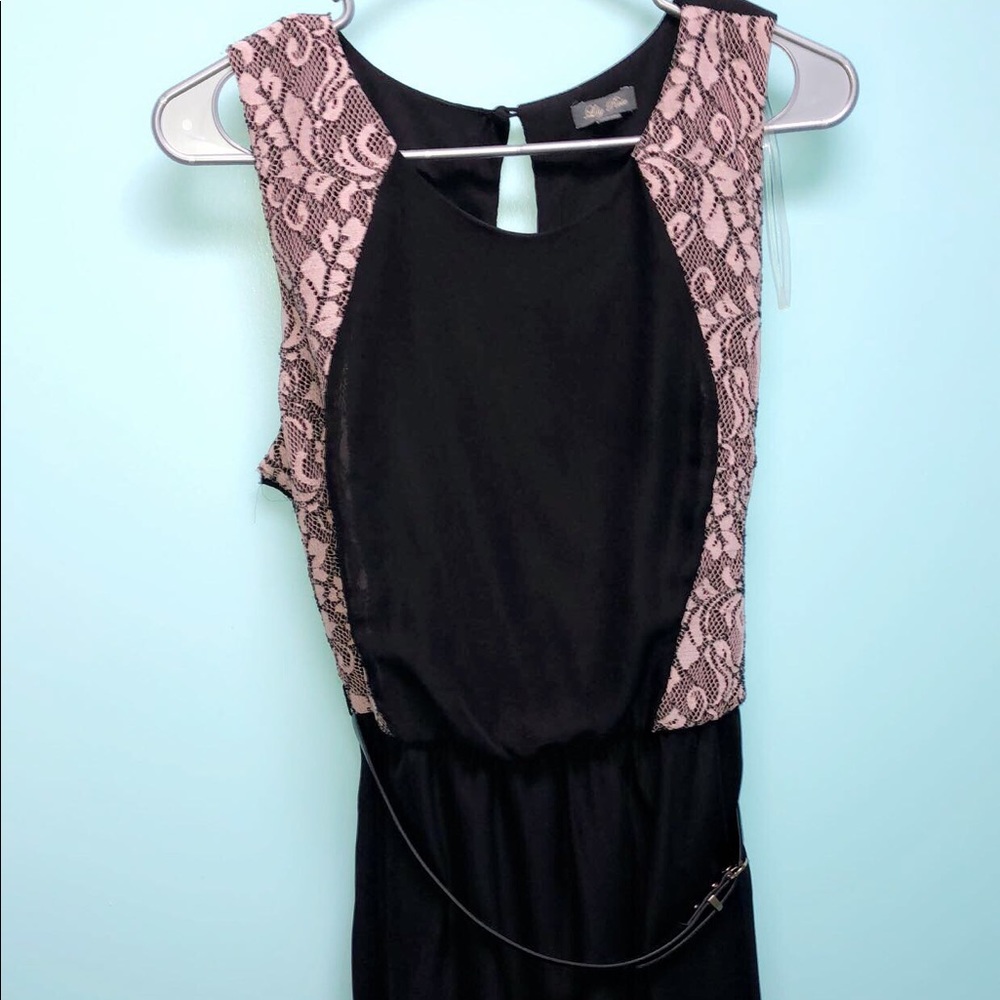 Black high-low dress with blush lace