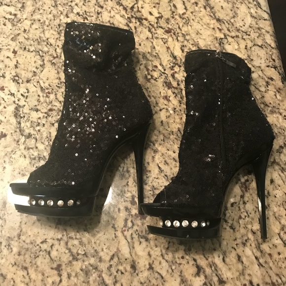 Black Sequin Stiletto Open-Toe Booties - Picture 5 of 5