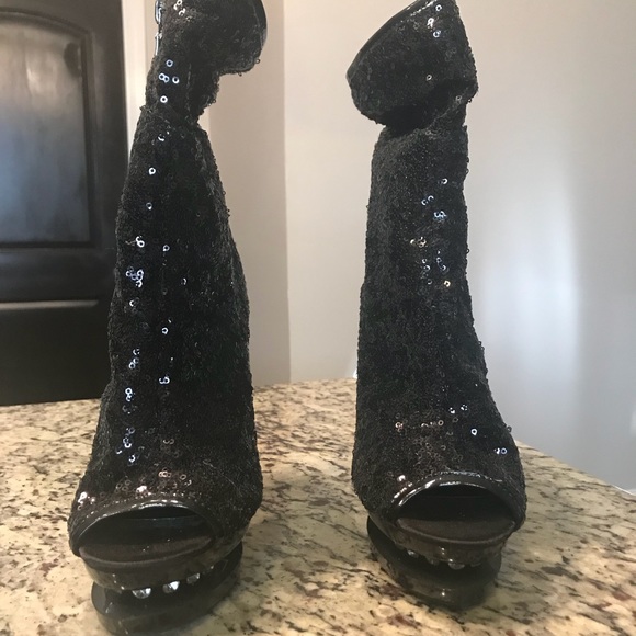 Black Sequin Stiletto Open-Toe Booties - Picture 2 of 5