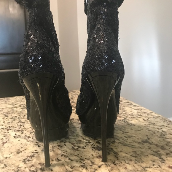 Black Sequin Stiletto Open-Toe Booties - Picture 3 of 5