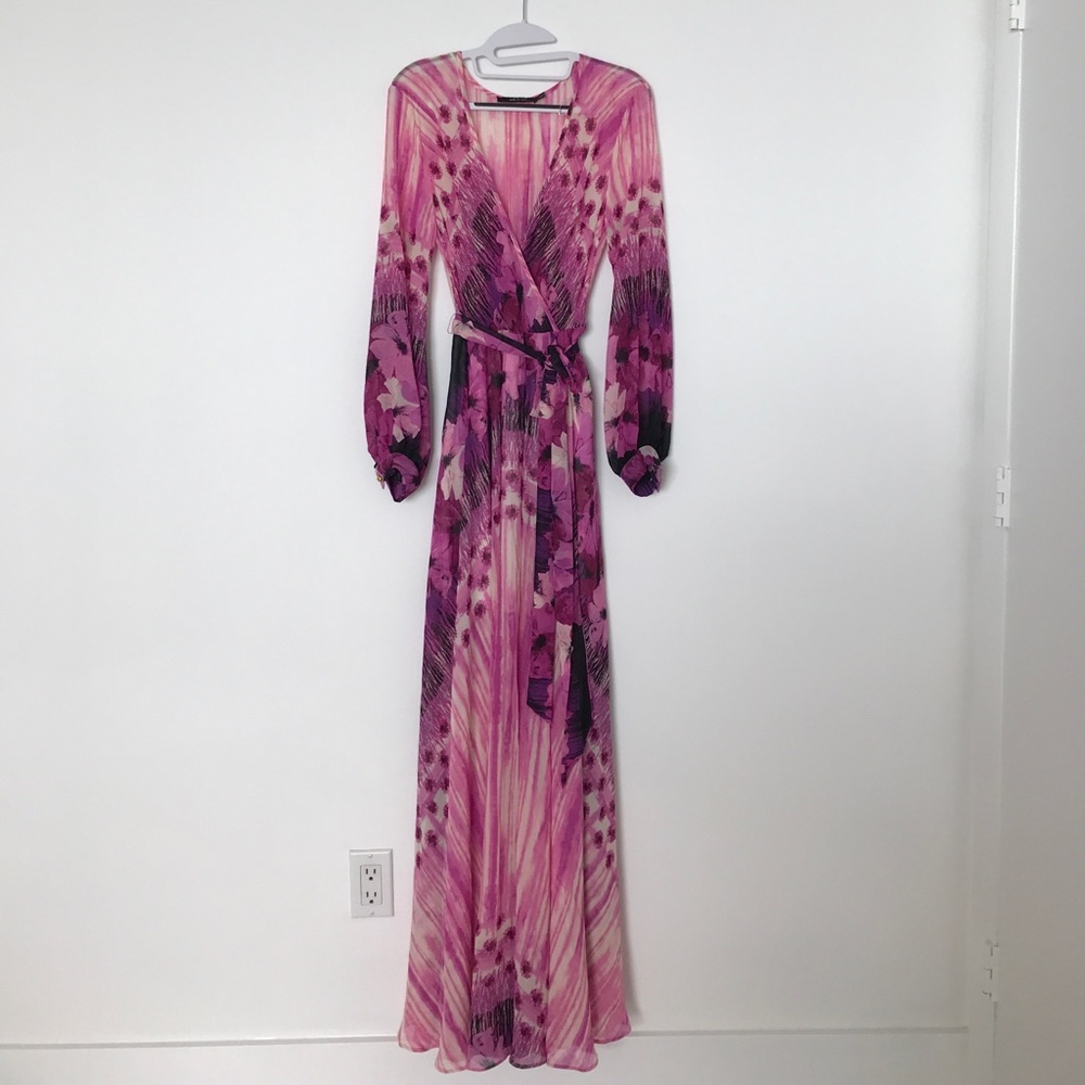 Pink watercolor floral bell sleeve maxi dress