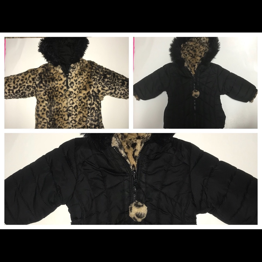Reversible black and leopard printed winter coat.