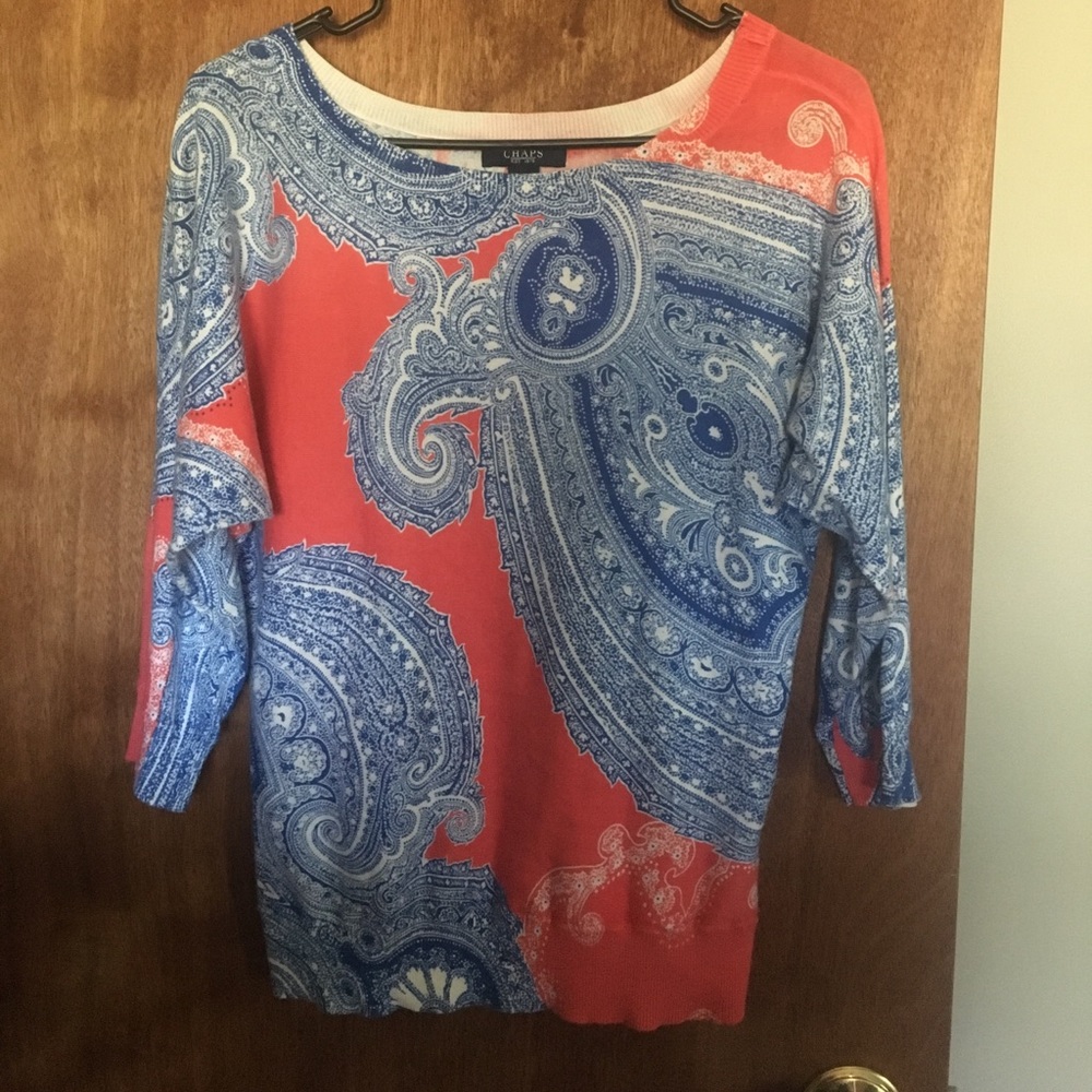 Blue and coral print light sweater