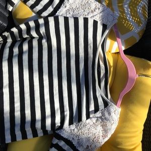 Striped Ann Taylor loft blouse with lace