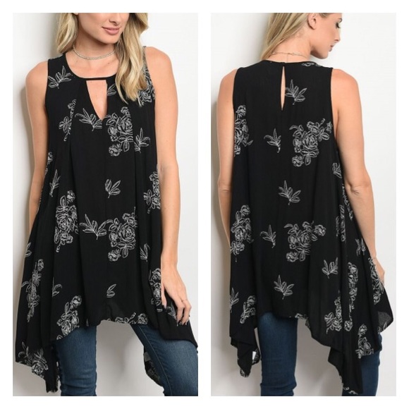 Black White Trapeze Tree Swing  Boho Tunic Top - Picture 2 of 5