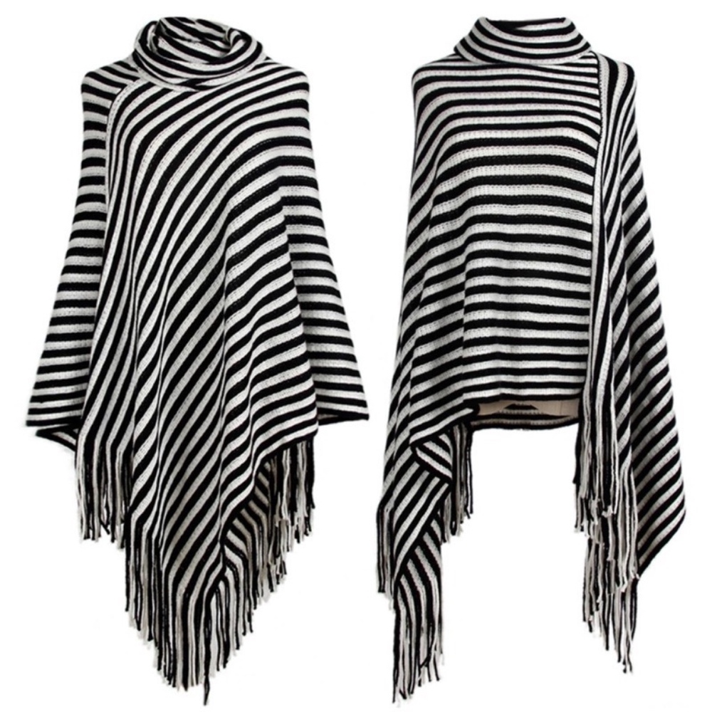 1 LEFT! Black & White fringe Poncho! - Picture 2 of 6