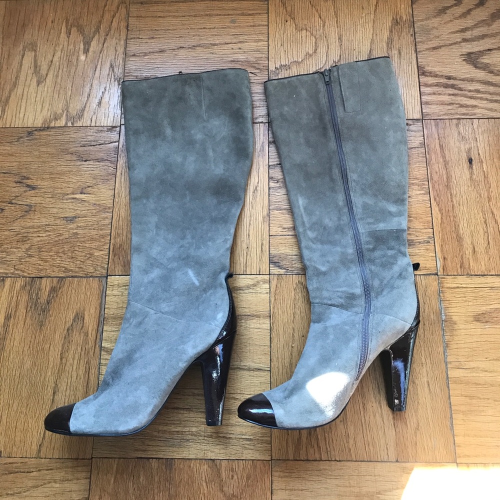 Gray knee high boots