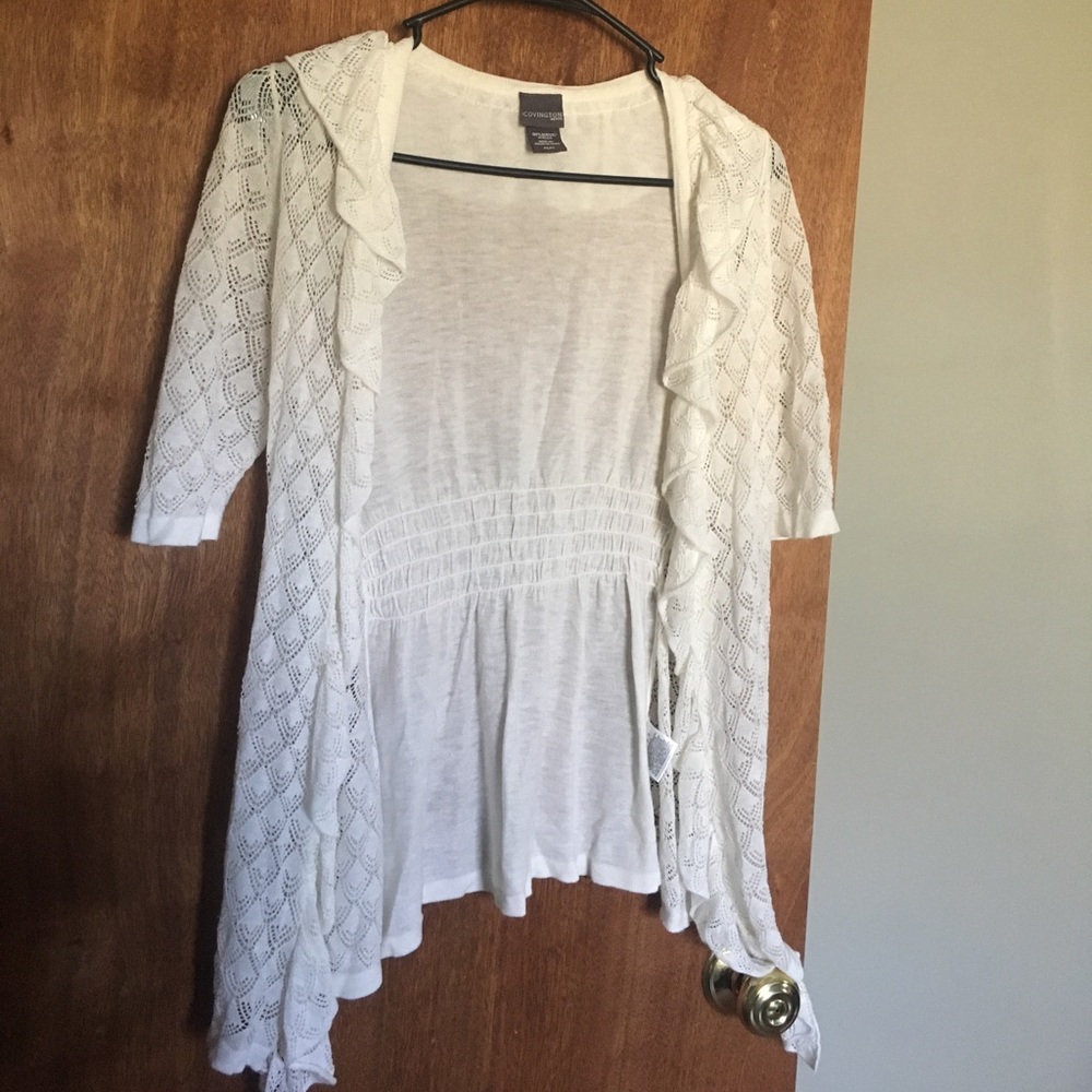 White cover up, open front sweater