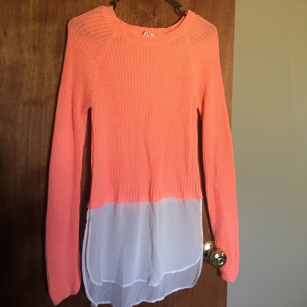 Bright coral sweater with white see-through bottom