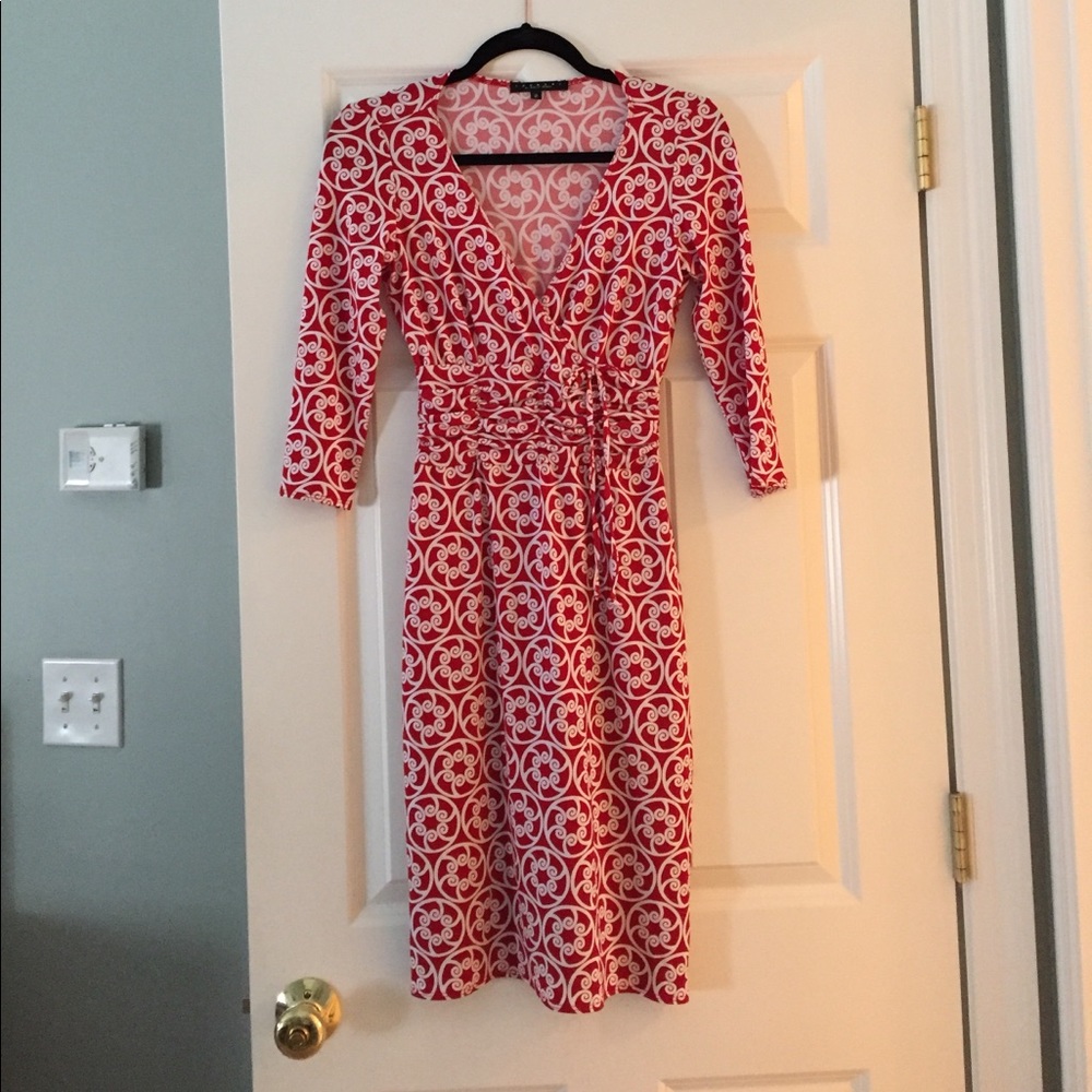 Red and white lined wrap dress