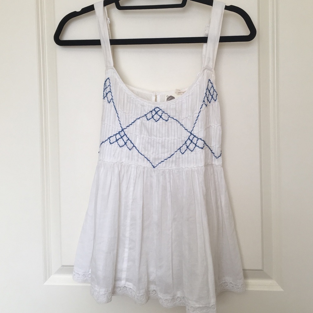 Anthropologie White Cotton Top with Blue Stitching