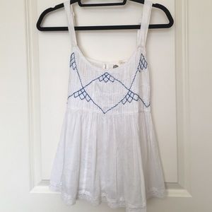 Anthropologie White Cotton Top with Blue Stitching