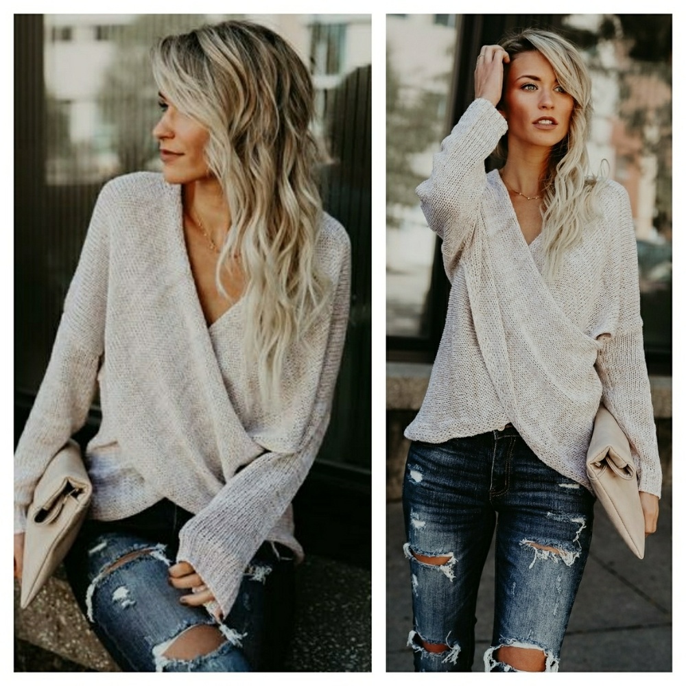 1 left small🆕️ oatmeal overlap sweater - Picture 1 of 5