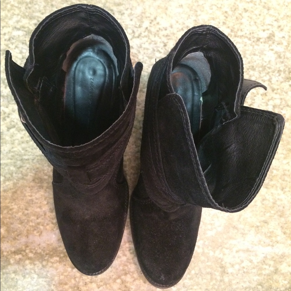 Zara Basic black suede buckle heeled booties 38 - Picture 2 of 4