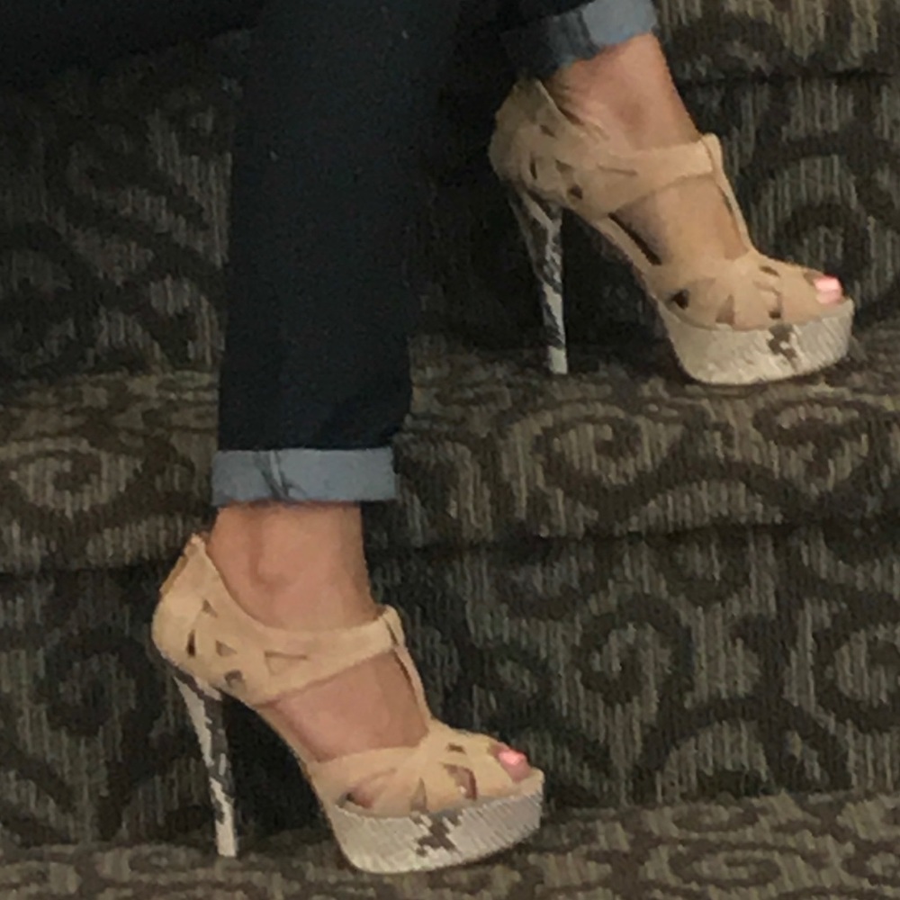 Bruno Magli suede & snakeskin peep platform heels.