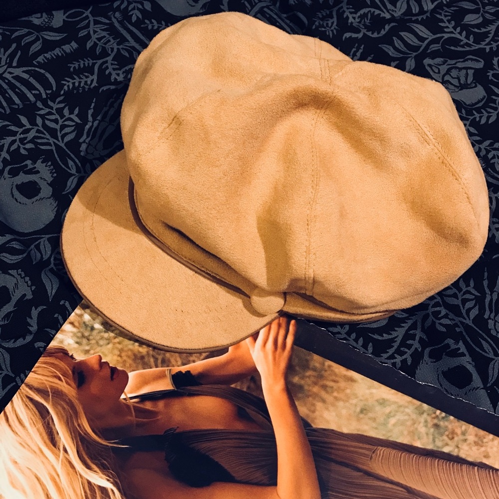 Tan Cabbie News Boy Hat - Suede Look - OSFA