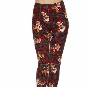 PLAID TEDDY BEAR SANTA PRINT BRUSHED ANKLE LEGGING