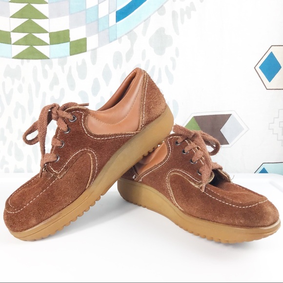 Vintage Shoes - VTG 70s brown suede leather wedge lace up shoe