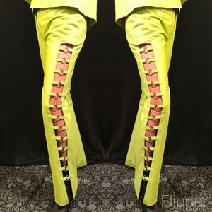 Lime Green Leather and Metal Looped Pants