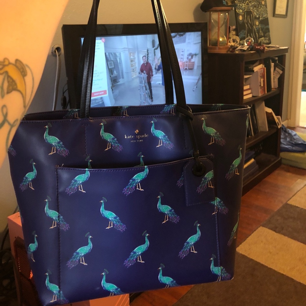 Navy, peacock print Kate Spade tote bag