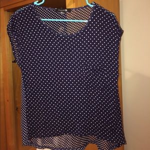 Cap sleeved, navy blue polka dot shirt