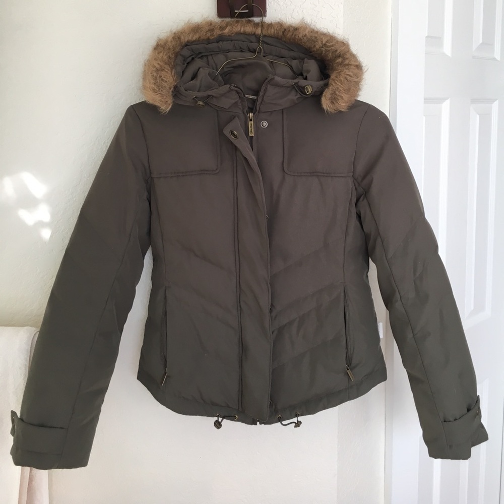 Army Green Fur Hooded Calvin Klein Down Jacket