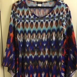 Purple, Turquoise, Coral Bell Sleeve Blouse