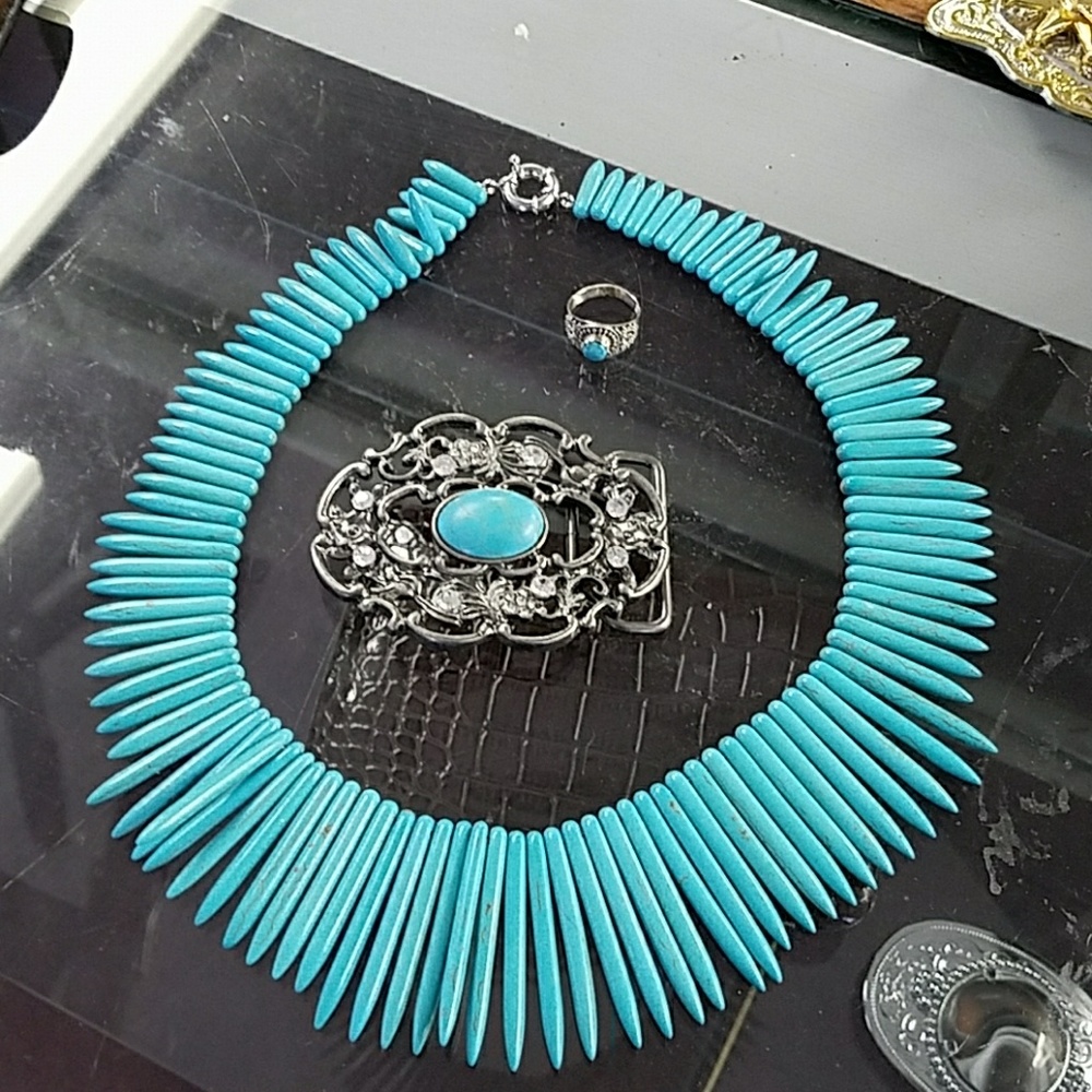 Turquoise necklace, belt buckle, ring size 6.5
