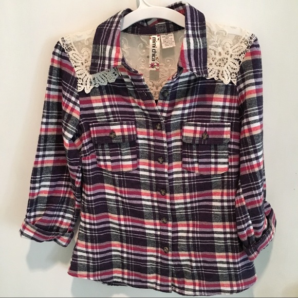Mimi Chica Button Up Plaid Shirt With Lace - Picture 1 of 5