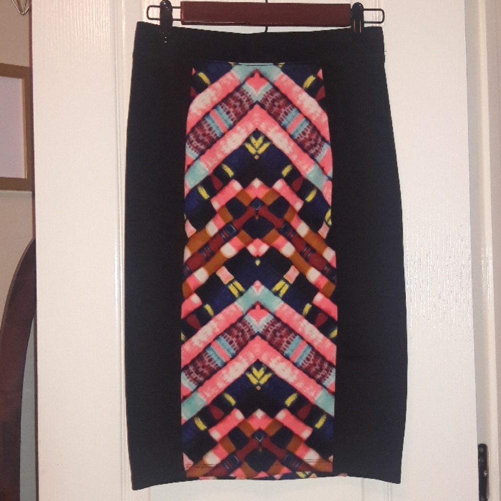 Black/Muticolor colorblock pencil midi skirt