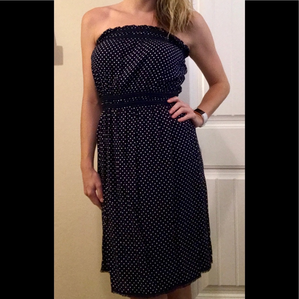 Navy and white polka dot strapless dress