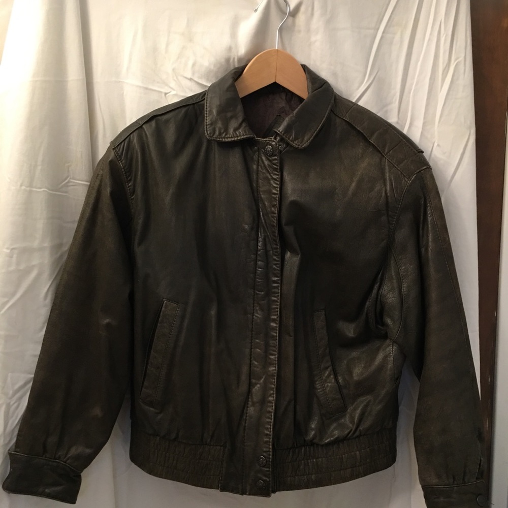 Brown leather bomber jacket