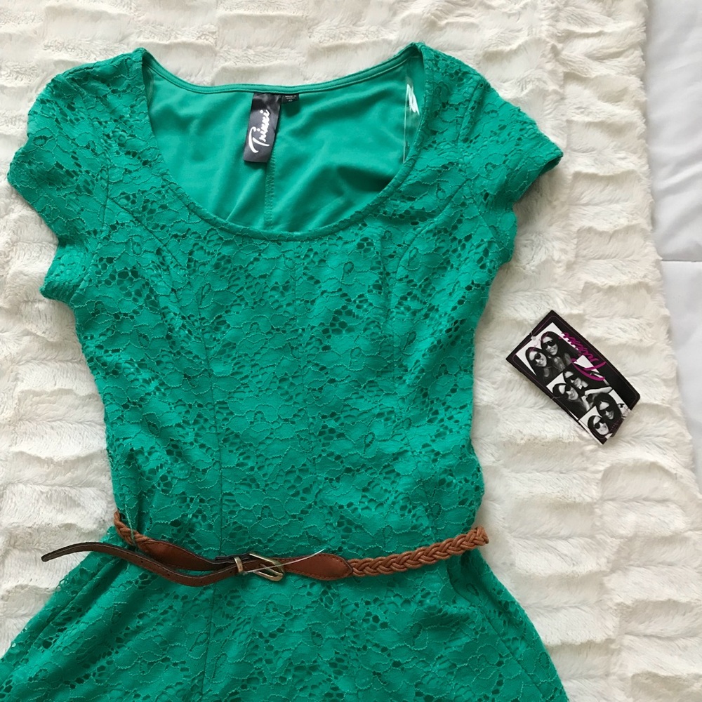Green eyelet belted dress