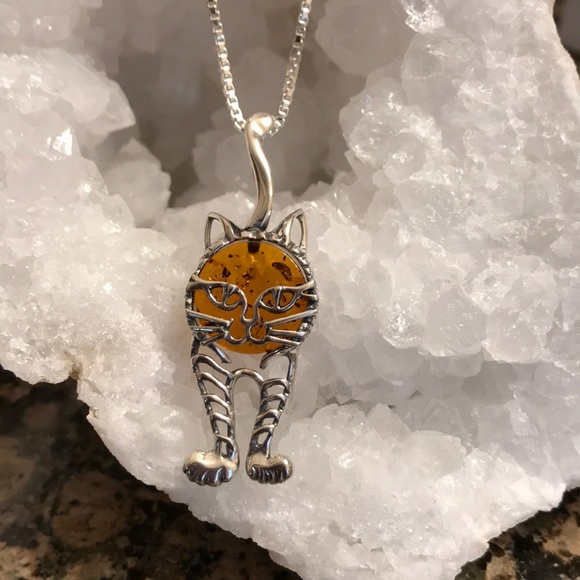 Jewelry - STERLING SILVER AMBER CAT PENDANT NIB