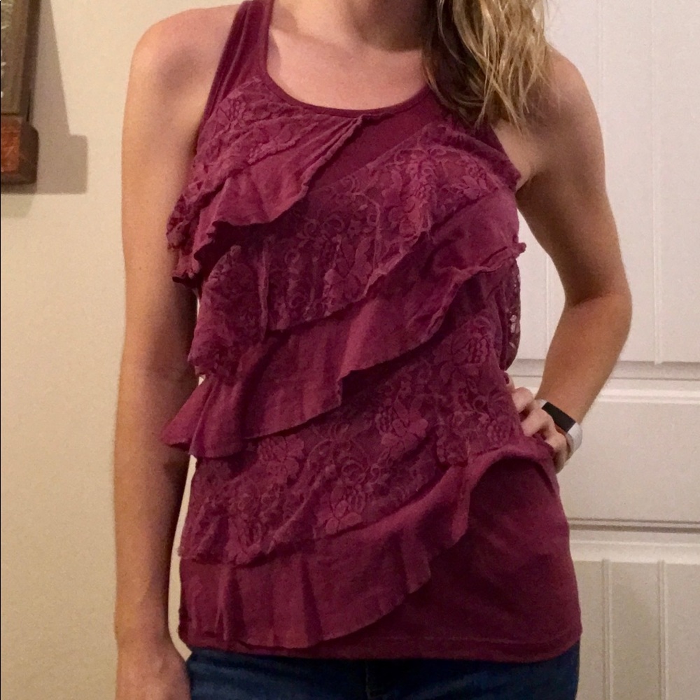 Maroon ruffle lace tank top