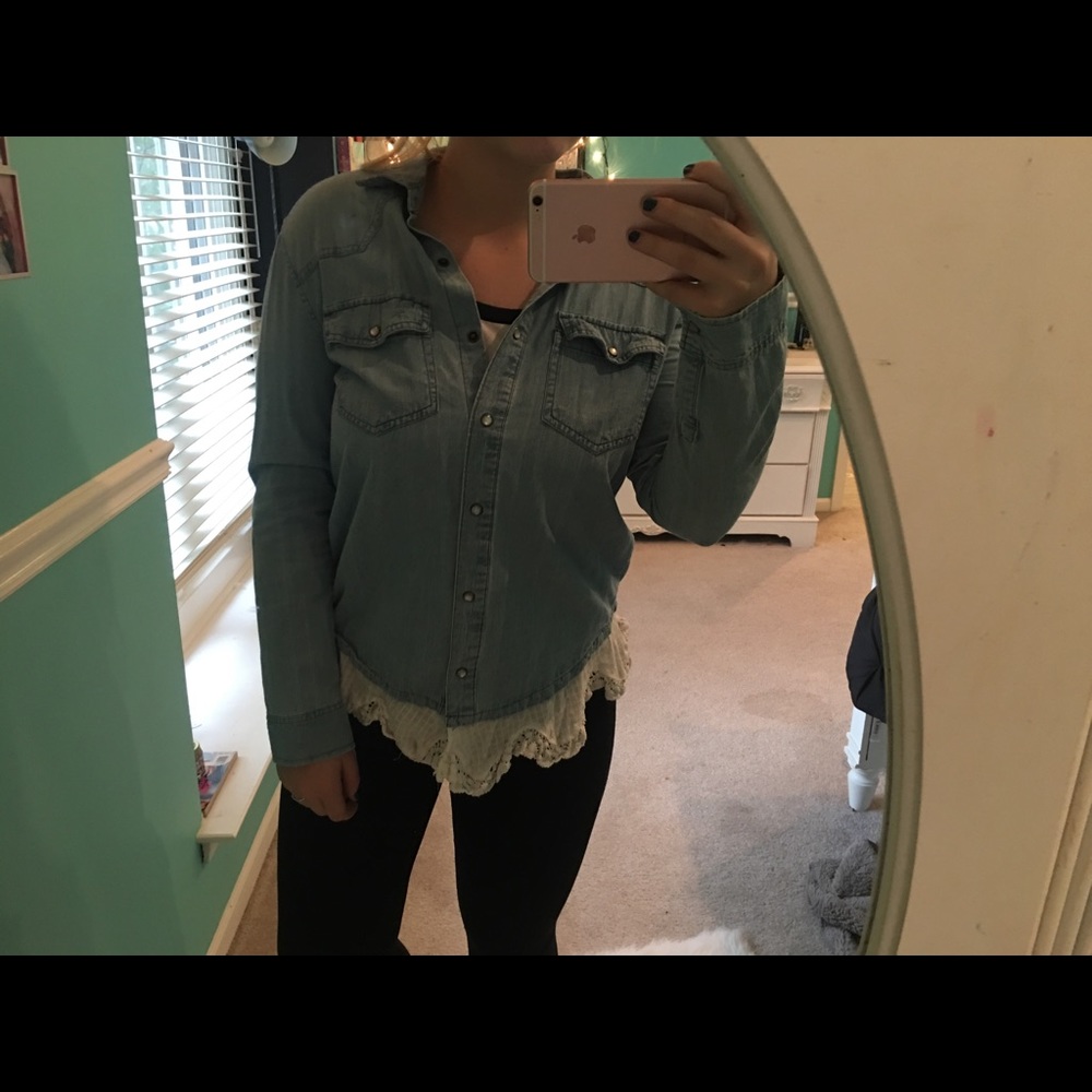 Denim jacket with white ruffles