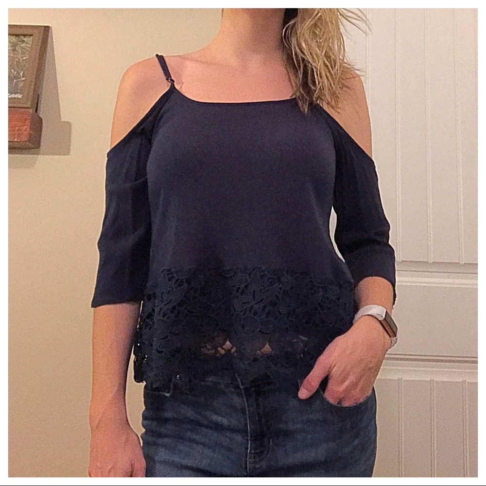 Open shoulder navy top