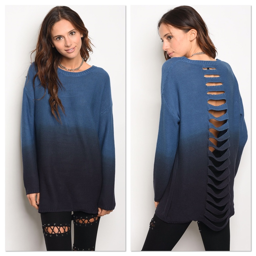 ONLY 1 left! Blue Ombré Distressed Sweater - Picture 2 of 5