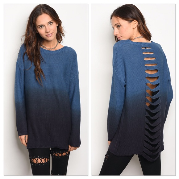 ONLY 1 left! Blue Ombré Distressed Sweater - Picture 2 of 5