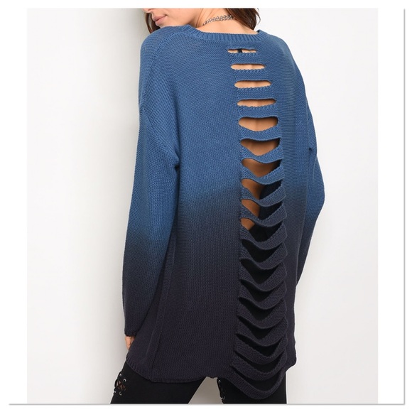 ONLY 1 left! Blue Ombré Distressed Sweater - Picture 3 of 5