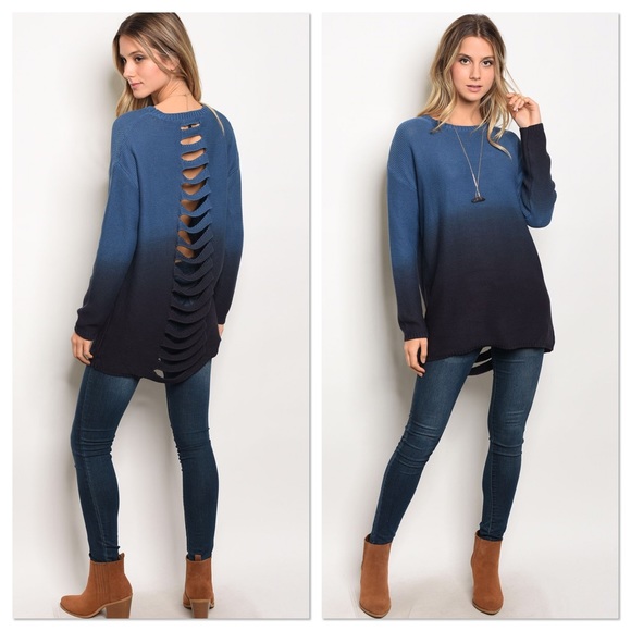 ONLY 1 left! Blue Ombré Distressed Sweater - Picture 5 of 5