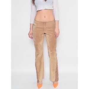 Beige Suede Leather Crochet Low Waist Flare Pants