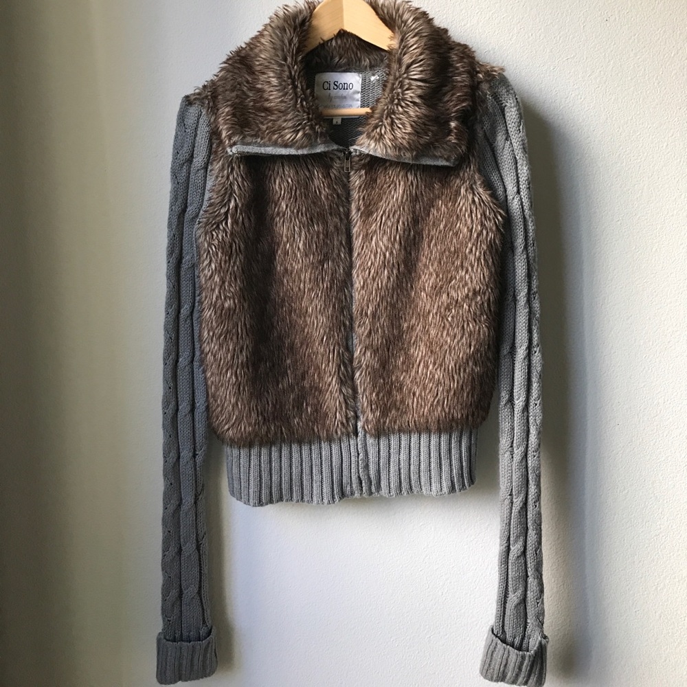 Sweater Jacket with Brown Faux Fur
